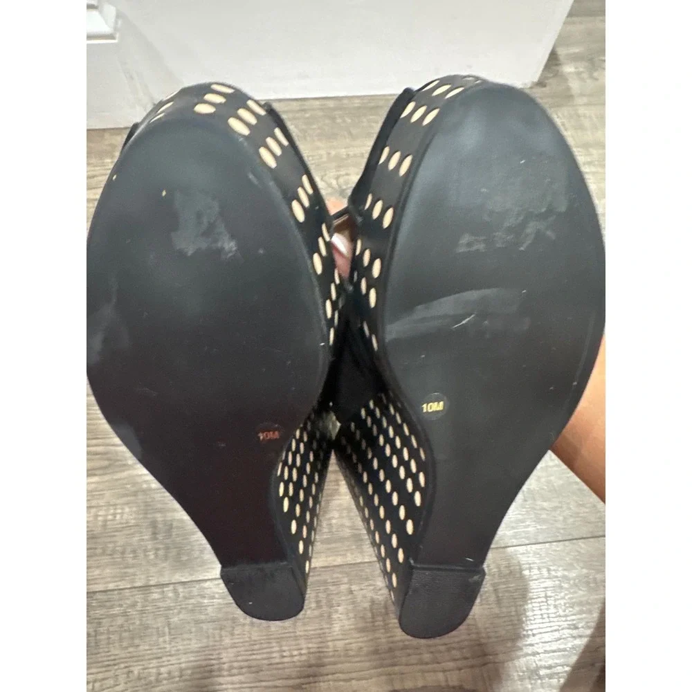 Tory Burch Black Suede Polka Dot Wedge Platform Sandals Ankle Strap Peep Toe